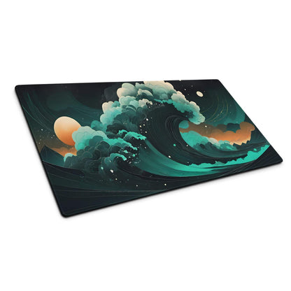 Stylish ocean wave gaming mouse pad with teal blues and sunset orange hues