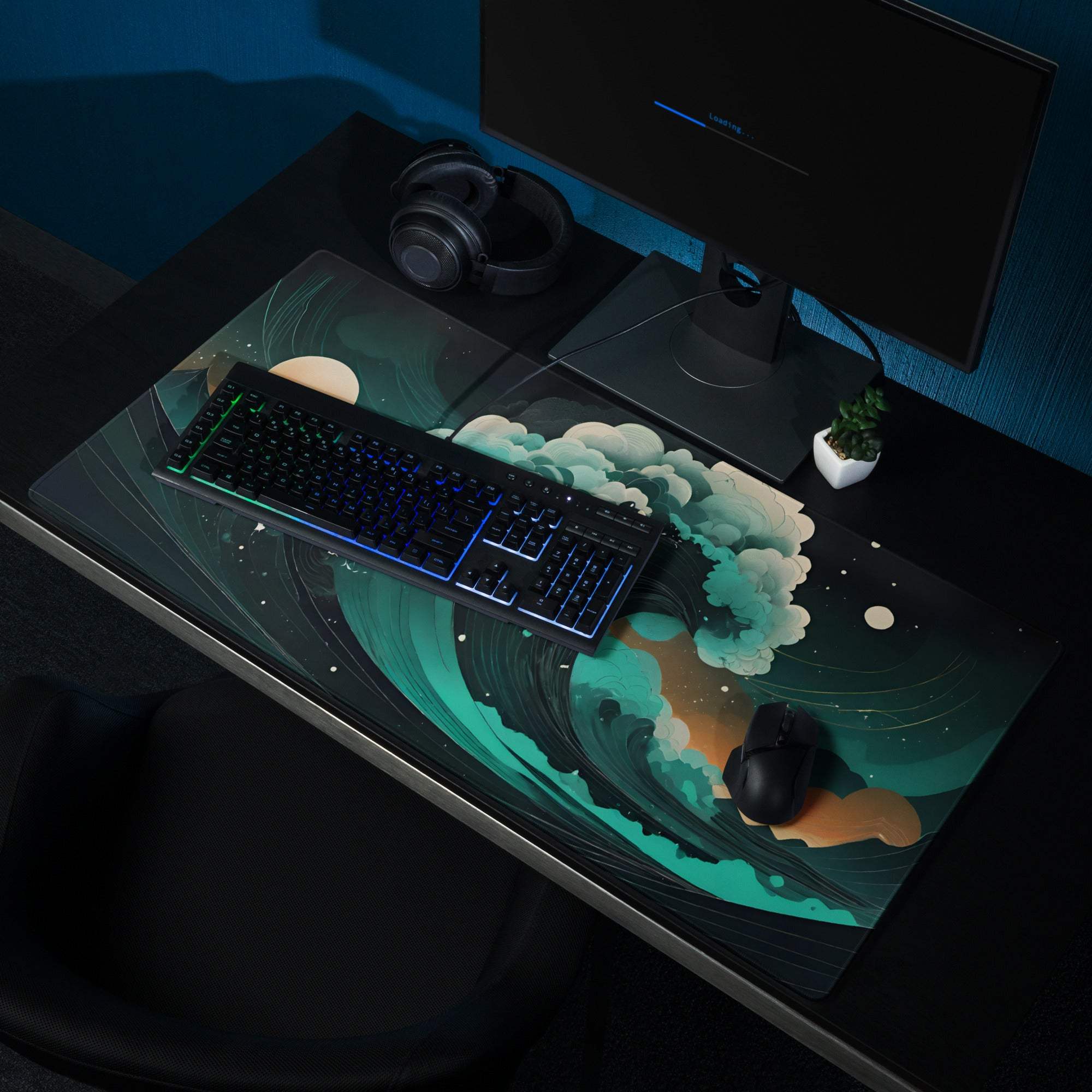 Stylish ocean wave gaming mouse pad with teal blues, sunset orange cosmic design