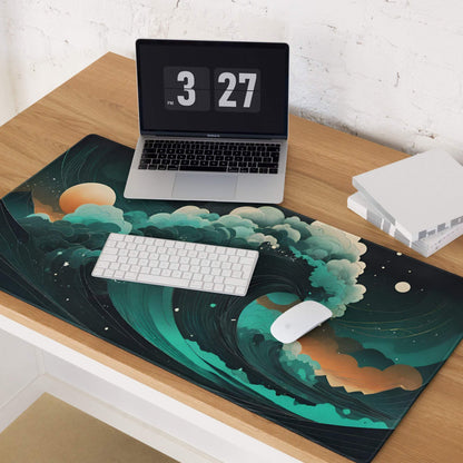 Stylish ocean wave gaming mouse pad with teal blues and sunset orange cosmic design