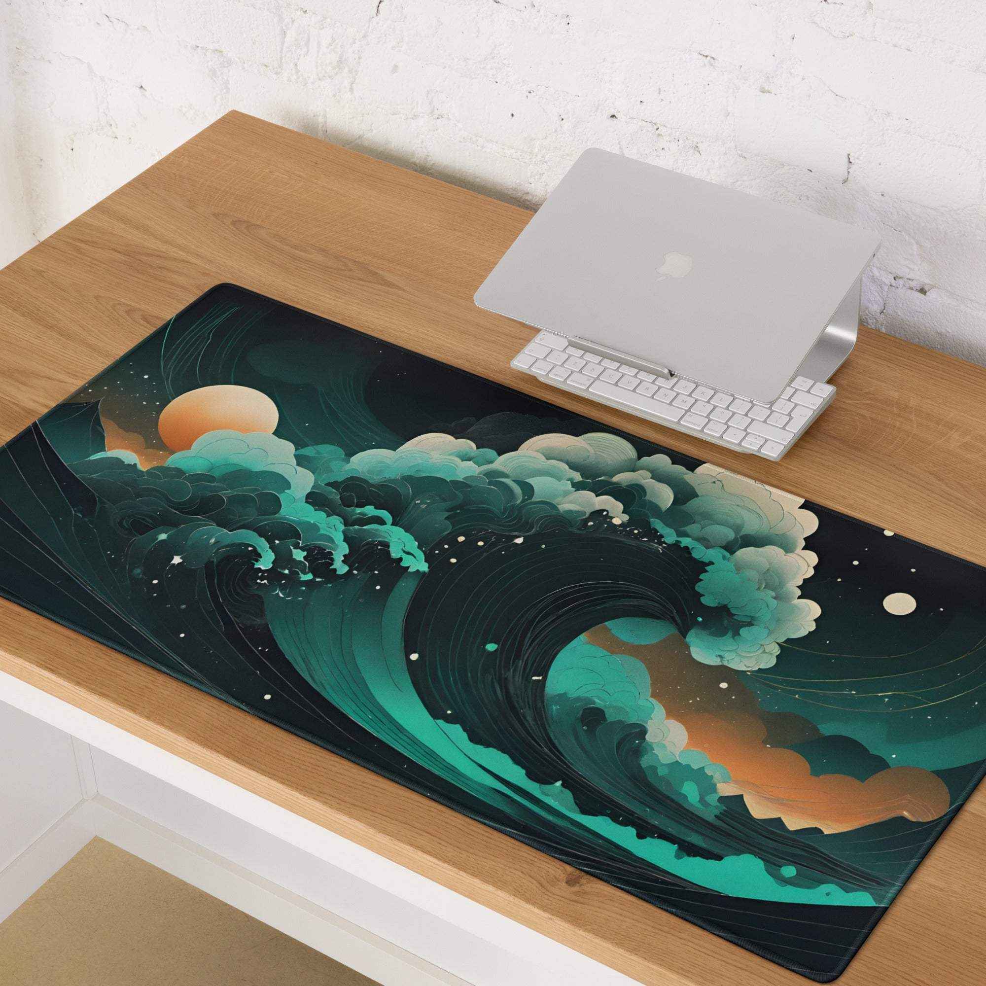 Stylish ocean wave gaming mouse pad in teal and orange