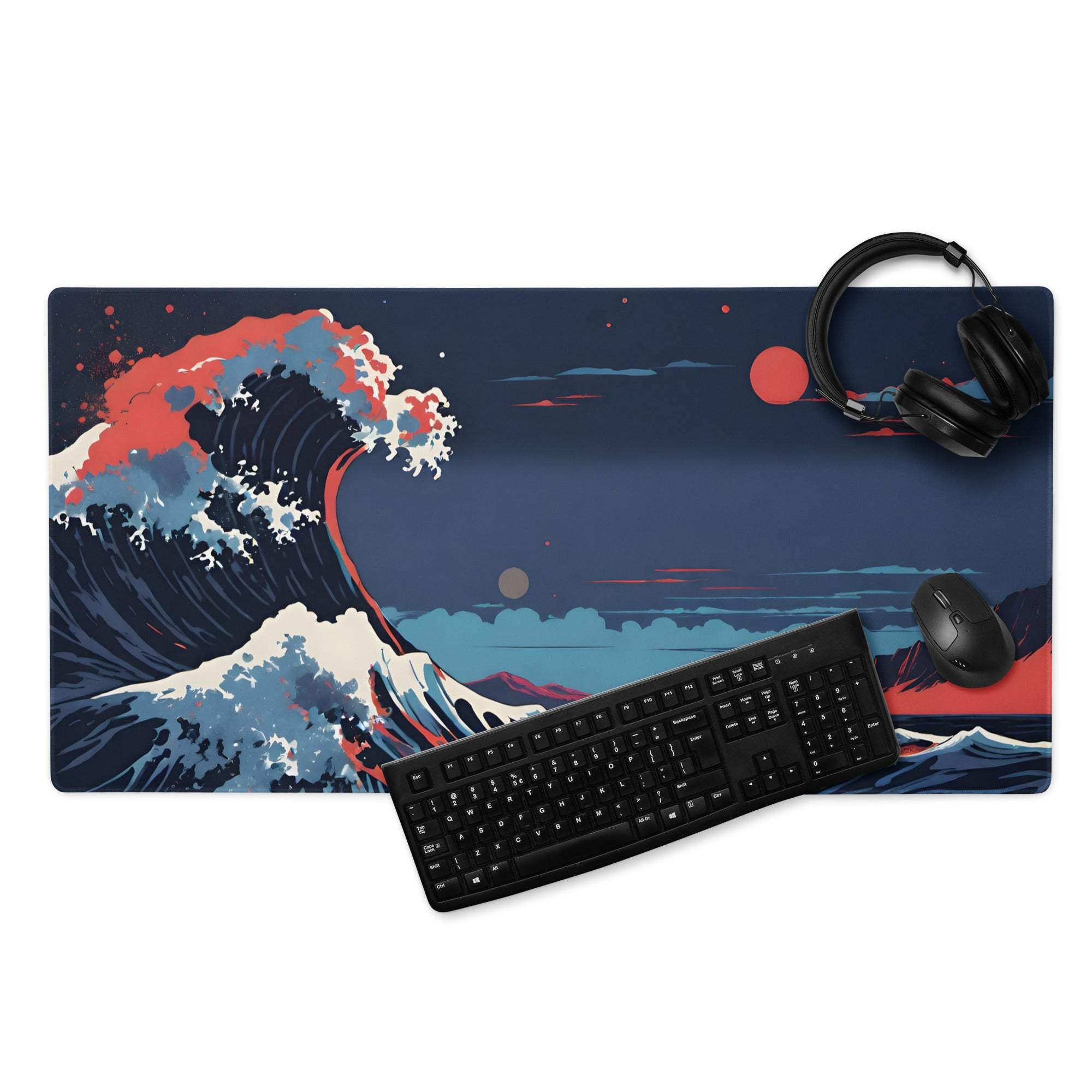 Epic Ocean Wave Art in Sunset Blues large gaming mouse pad with Great Wave design