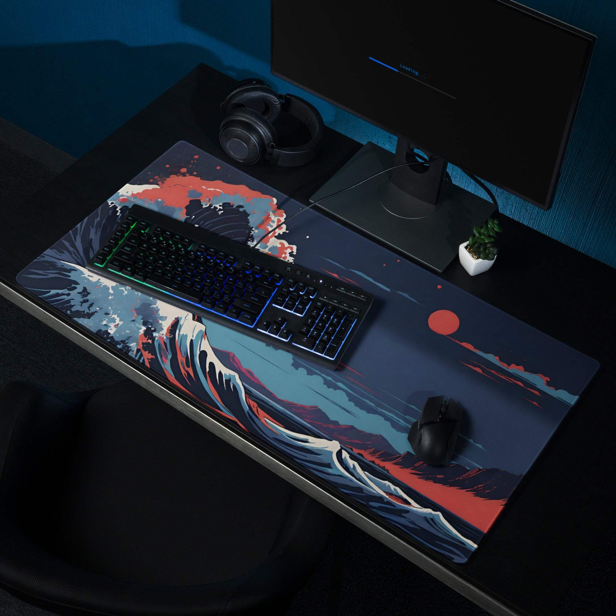 Epic Ocean Wave in sunset blues gaming mouse pad with non-slip base