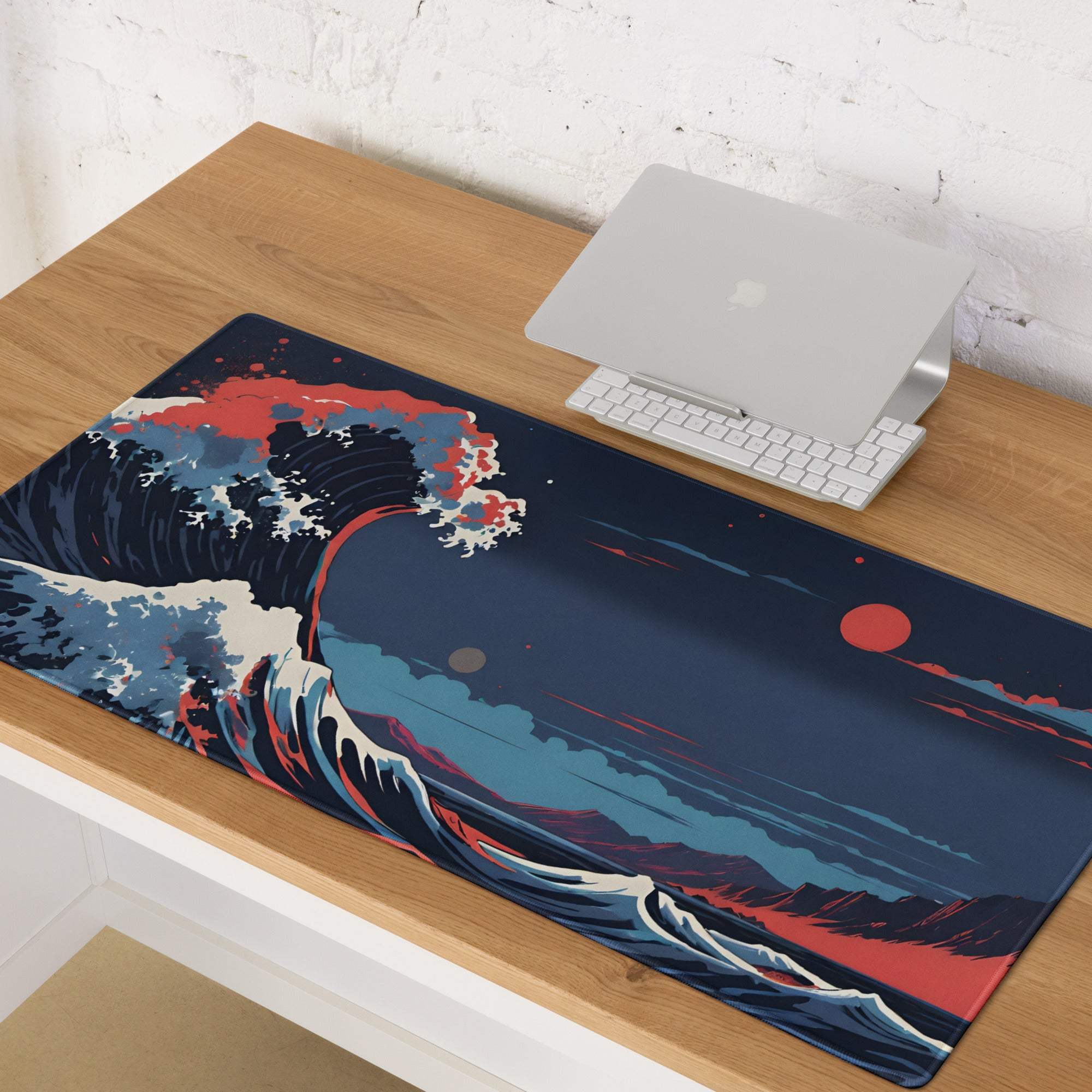 Epic Ocean Wave sunset blues large gaming mouse pad, dark blue with red white waves