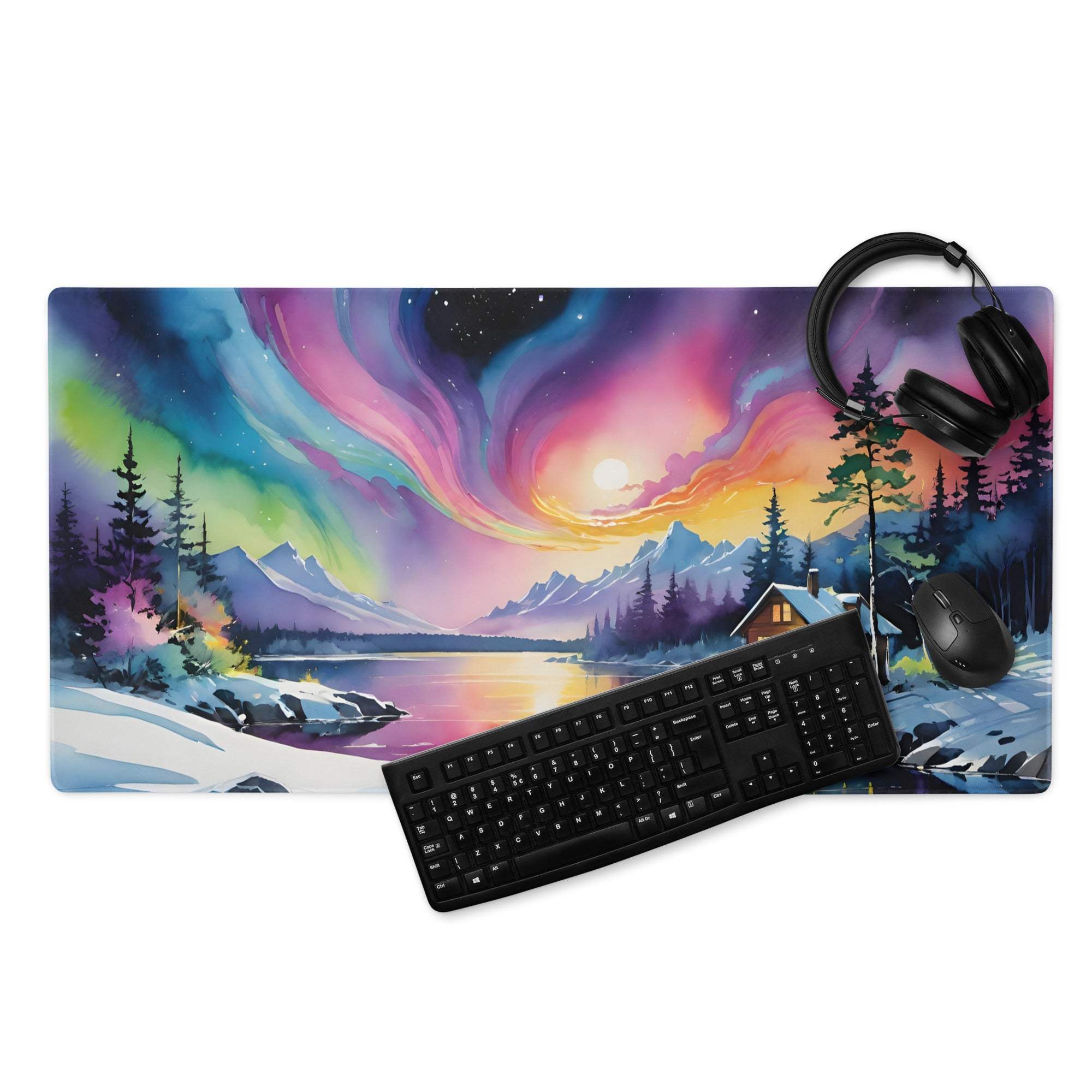 Vibrant aurora borealis gaming mousepad with snowy mountains and cabin
