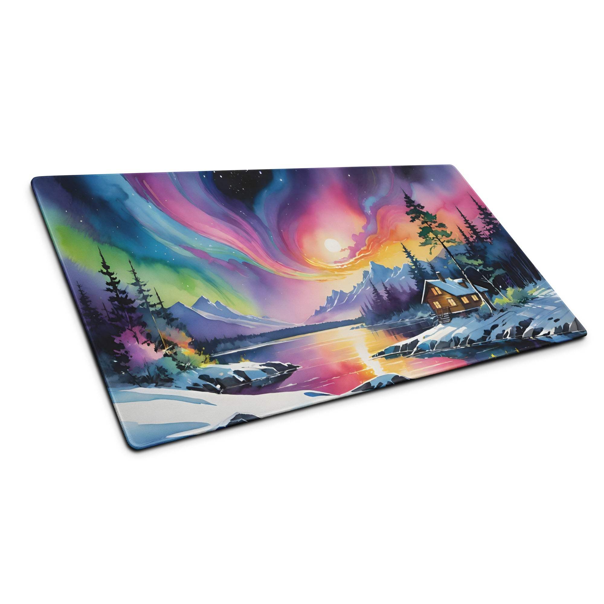 Vibrant aurora borealis landscape gaming mouse pad with cabin and lake