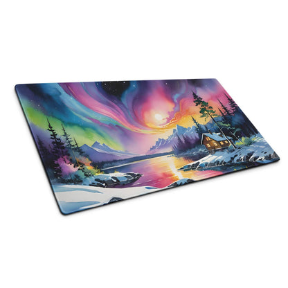 Vibrant aurora borealis landscape gaming mouse pad with cabin and lake