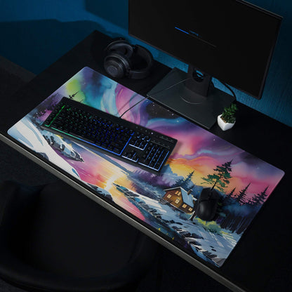 Vibrant aurora borealis winter landscape gaming mouse pad with non-slip base