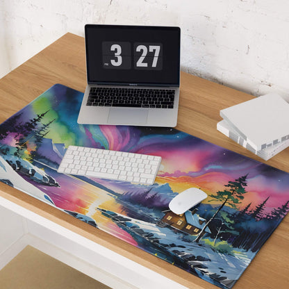 Vibrant aurora borealis gaming mouse pad with snowy landscape cabin