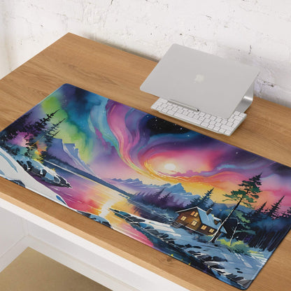 Vibrant aurora borealis gaming mouse pad with snowy landscape, cabin, non-slip base