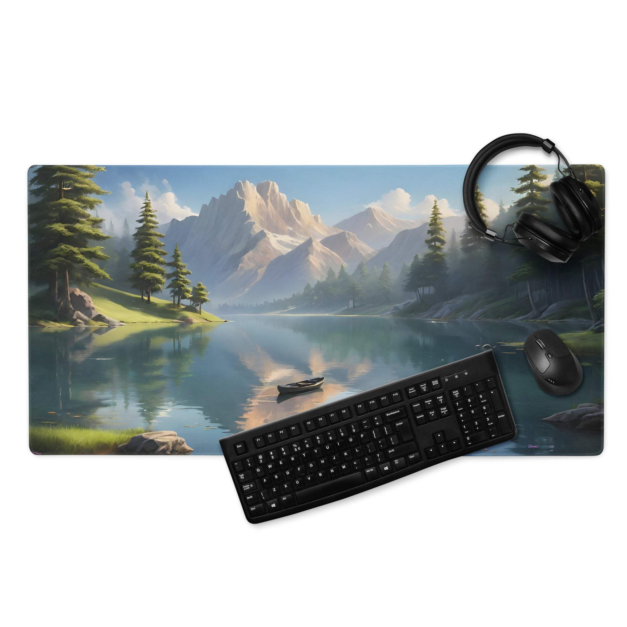 Large serene mountain lake gaming mouse pad with calm blue tones, non-slip base