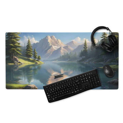 Large serene mountain lake gaming mouse pad with calm blue tones, non-slip base