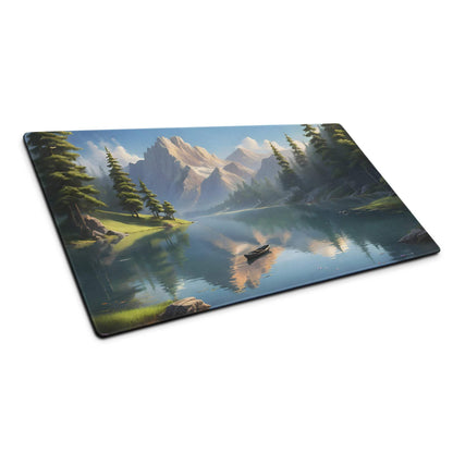 Large serene mountain lake gaming mouse pad in calm blue tones