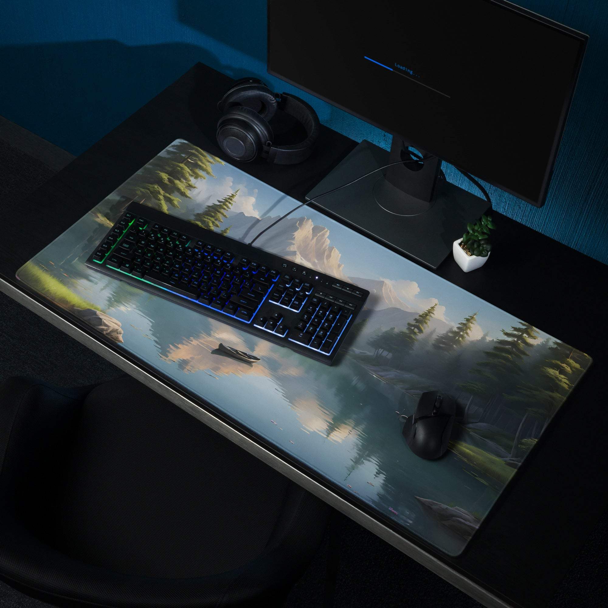 Large serene landscape gaming mouse pad with mountain lake in calm blue tones