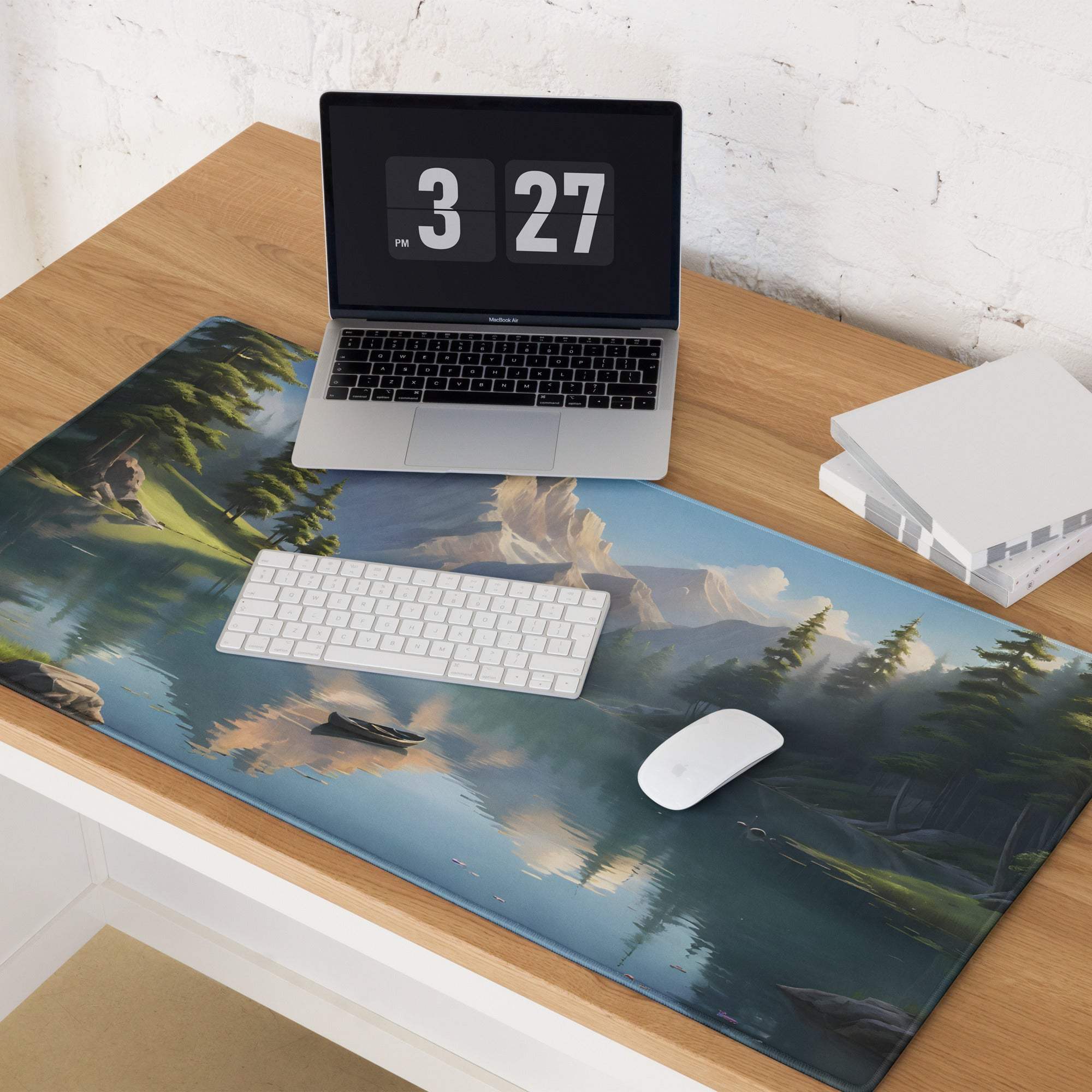 Large blue green mountain lake gaming mouse pad non-slip base