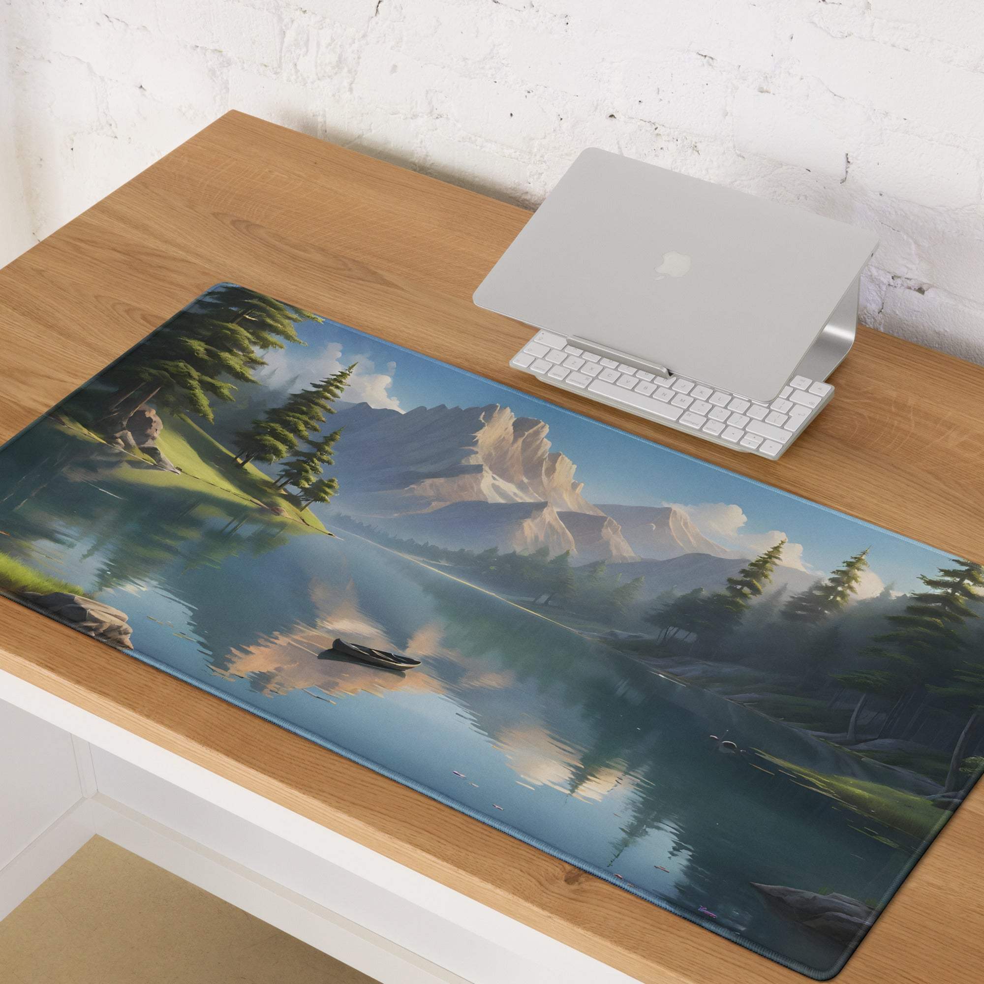Large serene landscape gaming mouse pad with mountain lake in calm blue tones