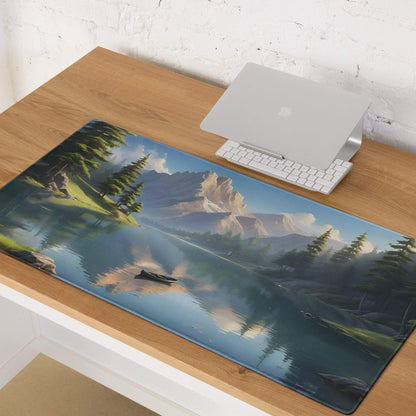 Large serene landscape gaming mouse pad with mountain lake in calm blue tones