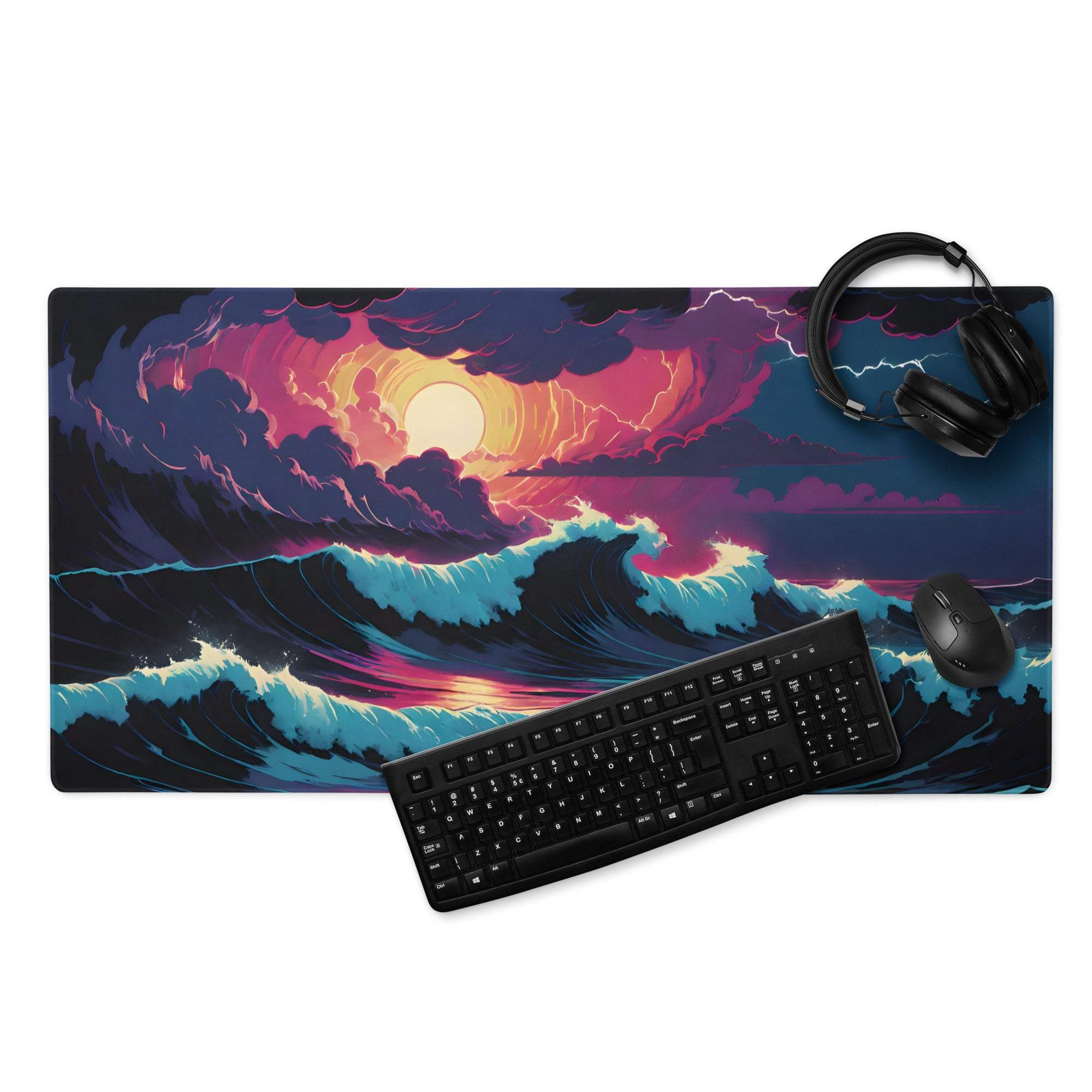 Epic ocean sunset gaming mouse pad with vibrant neon waves