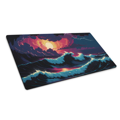 Epic Ocean Sunset gaming mouse pad with stormy waves and vibrant sunset sky