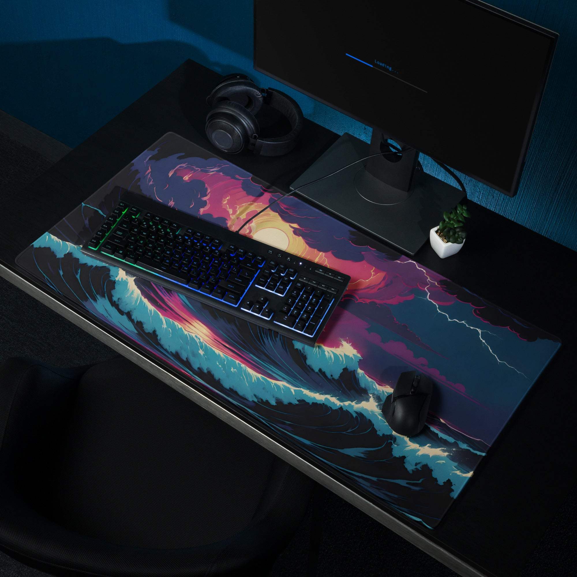 Epic Ocean Sunset fantasy gaming mouse pad with vibrant teal magenta navy waves