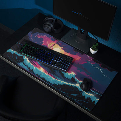 Epic Ocean Sunset fantasy gaming mouse pad with vibrant teal magenta navy waves
