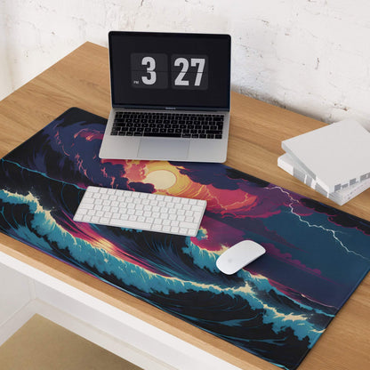 Epic ocean sunset fantasy gaming mouse pad with vibrant blues, purples, waves