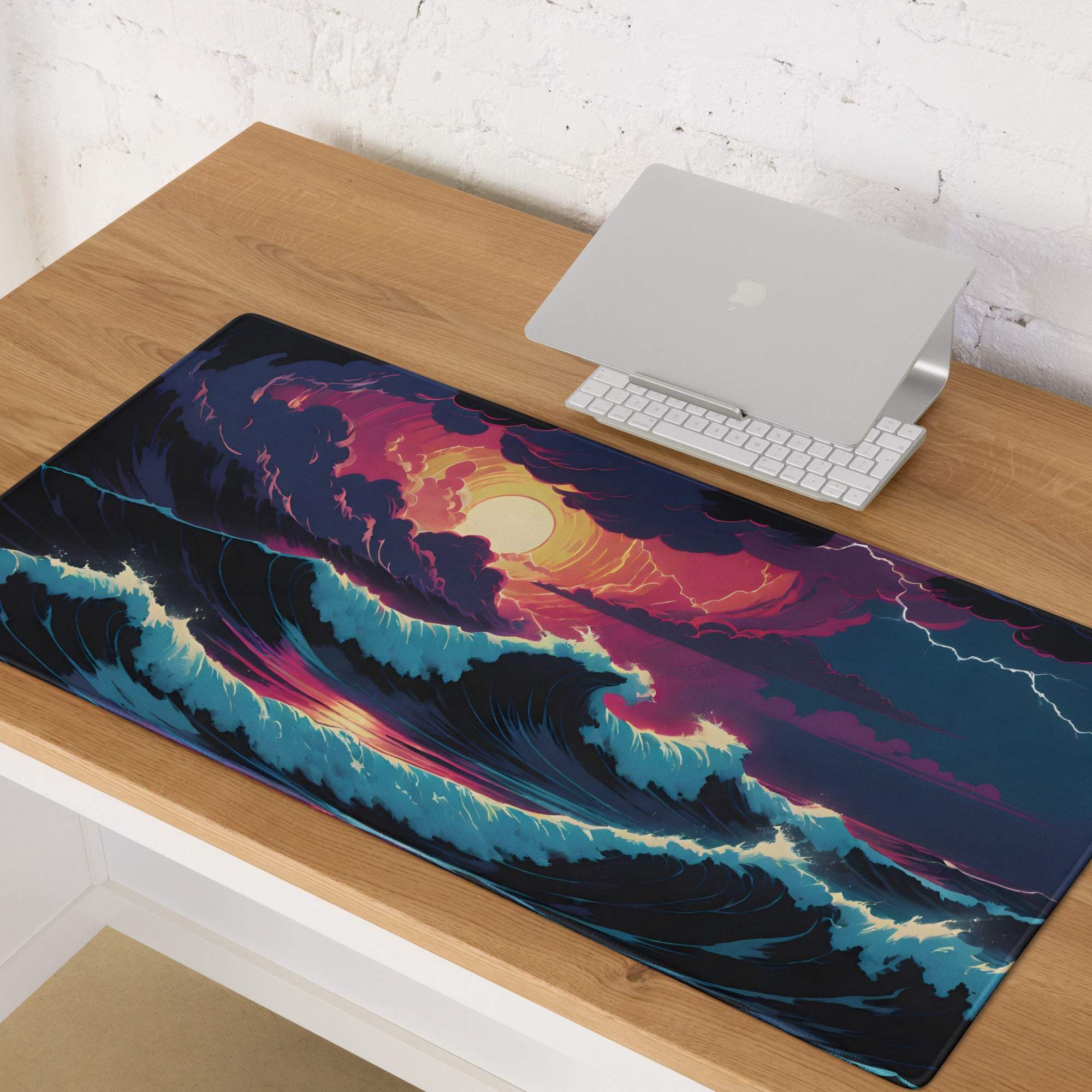 Epic Ocean Sunset fantasy gaming mouse pad with vibrant purple pink blue waves