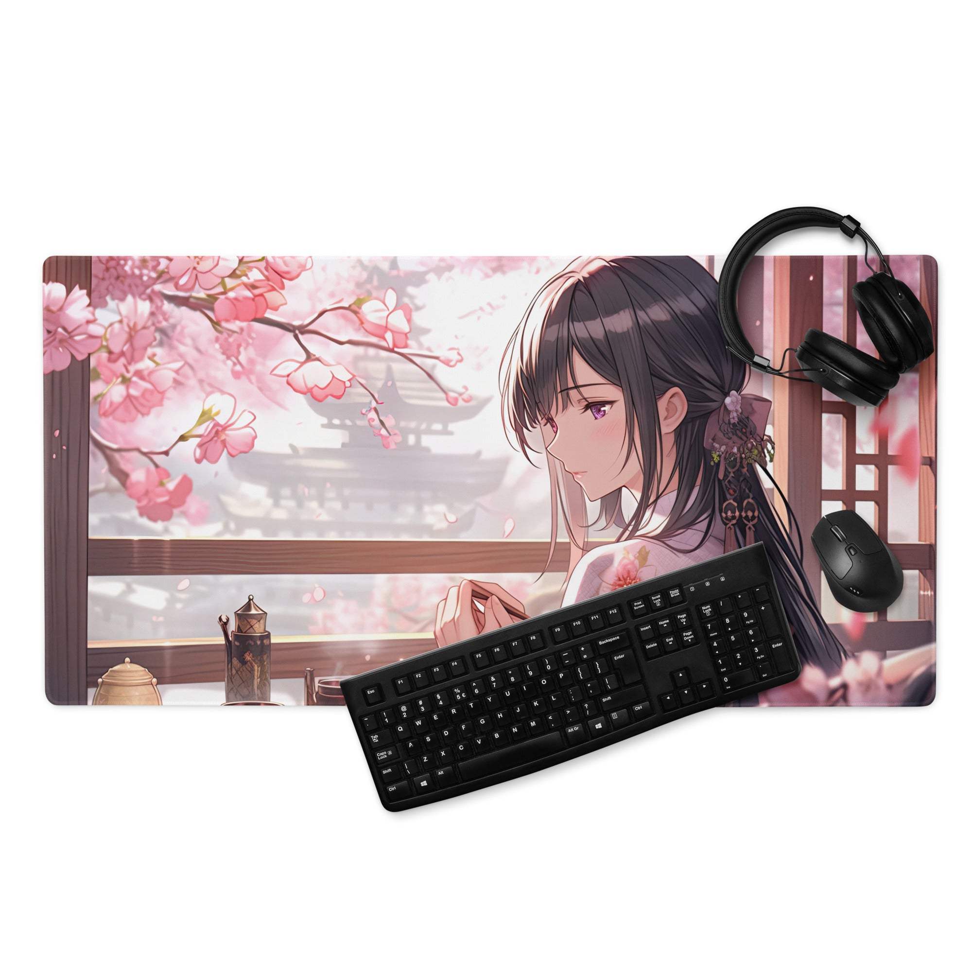 Anime cherry blossom girl gaming mouse pad with non-slip backing