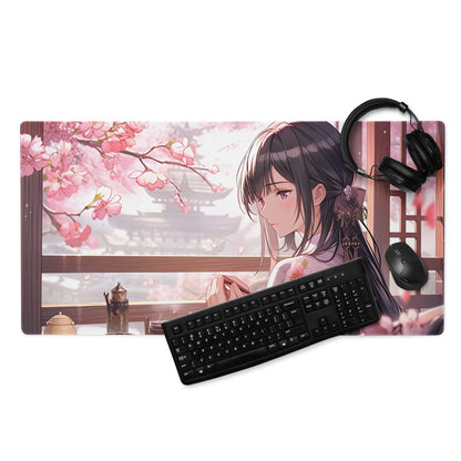 Anime cherry blossom girl gaming mouse pad with non-slip backing
