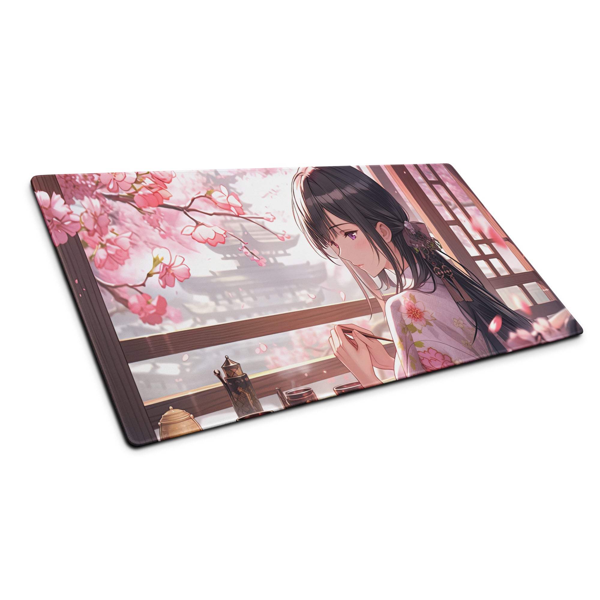 Anime cherry blossom girl in kimono on large gaming mousepad
