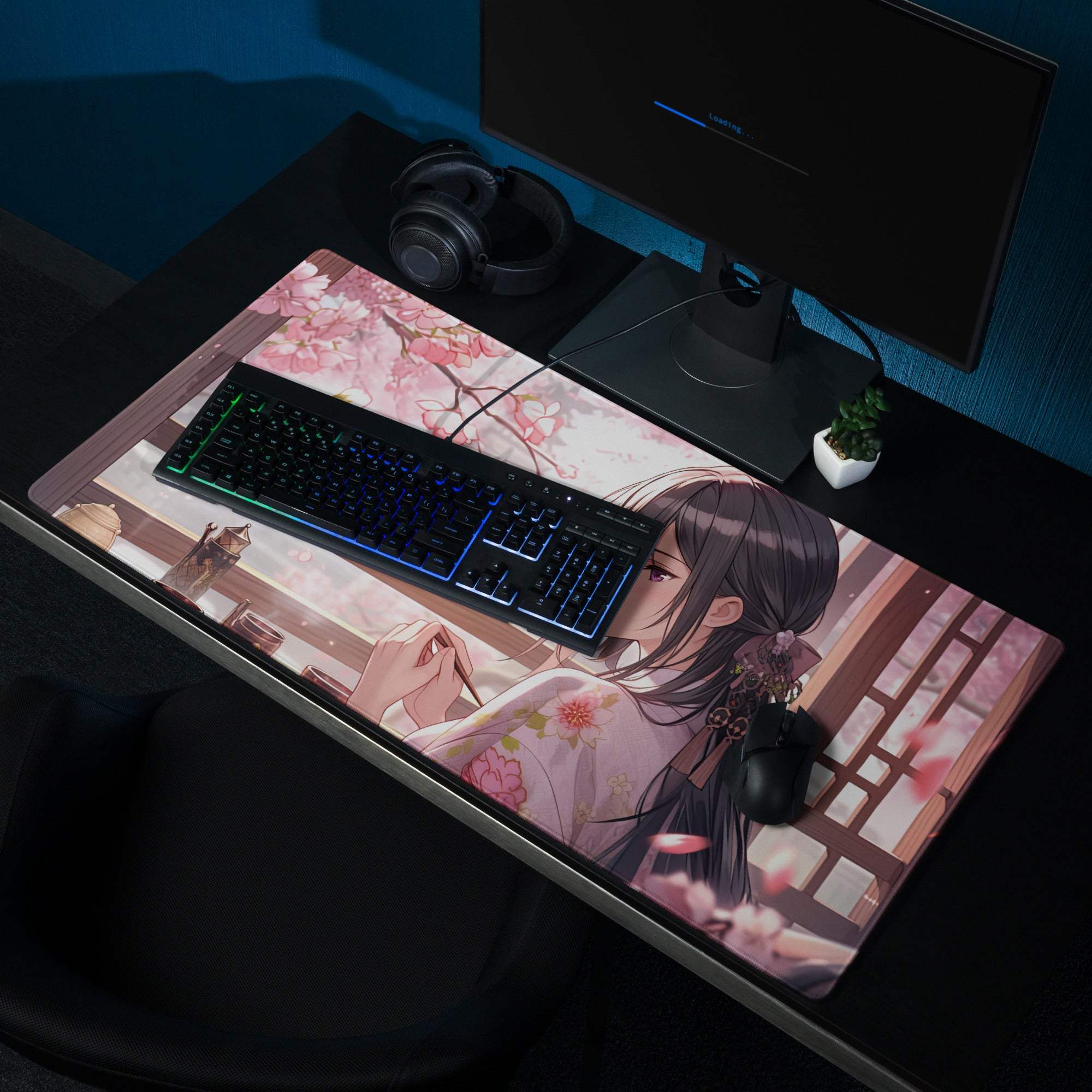 Large anime cherry blossom girl gaming mouse pad with non-slip backing