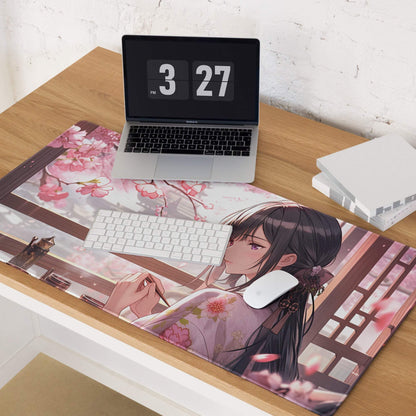 Anime cherry blossom girl gaming mouse pad with non-slip backing
