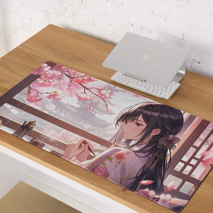 Anime cherry blossom girl mousepad with non-slip backing and stitching