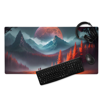 Epic Red Forest gaming mouse pad with misty mountains, red moon, silhouetted figures