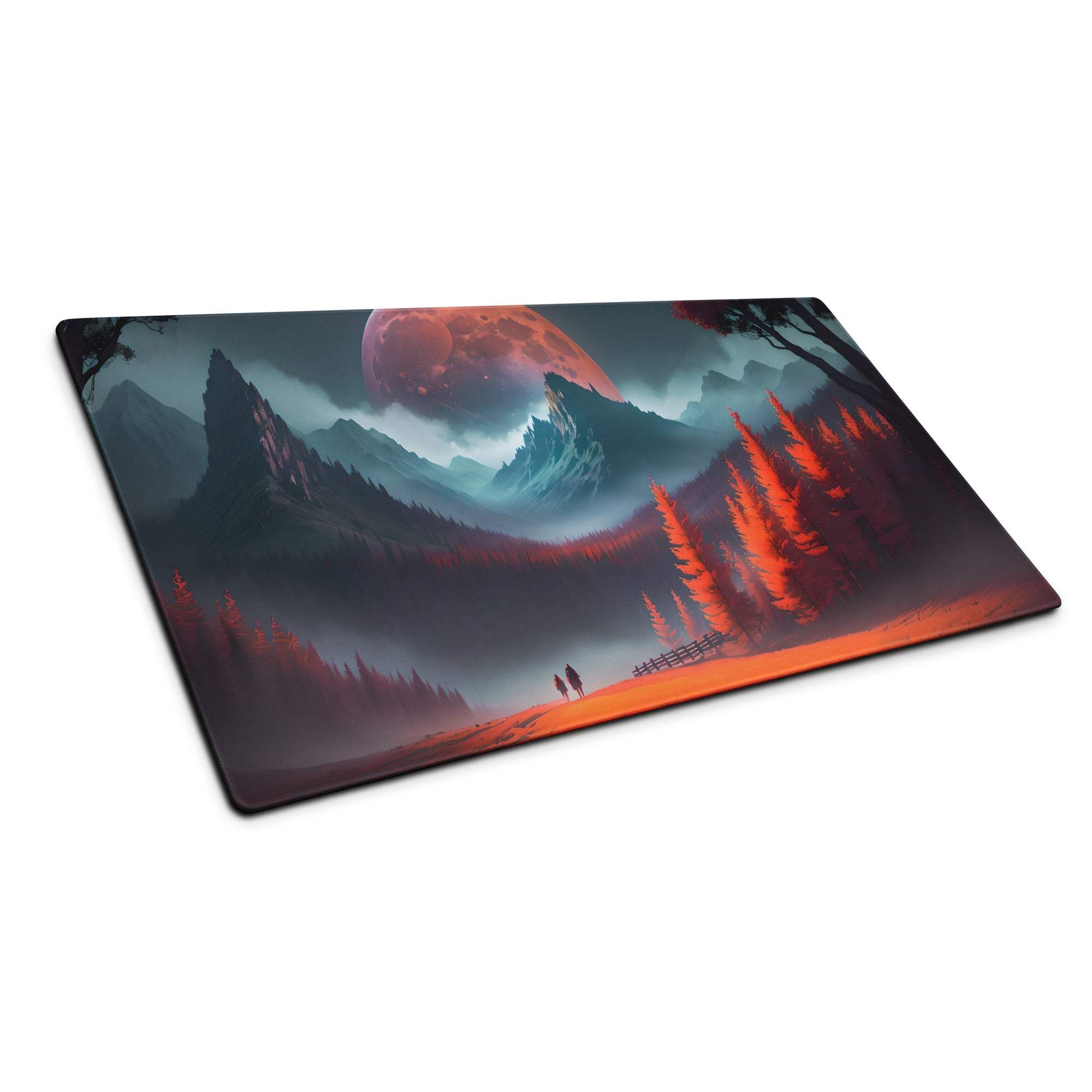 Epic Red Forest fantasy gaming mouse pad with surreal red moon landscape