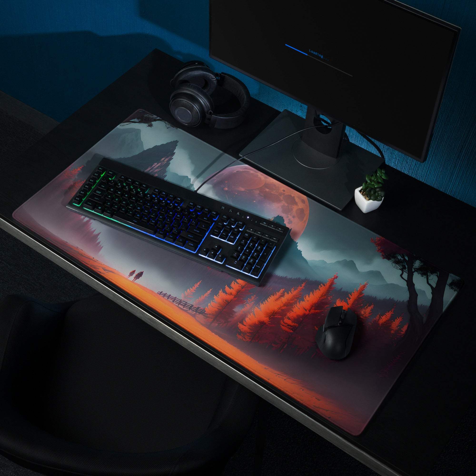 Epic Red Forest fantasy gaming mouse pad with orange moonlit landscape