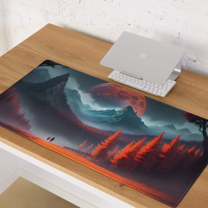 Epic Red Forest fantasy gaming mouse pad with red moon mountains