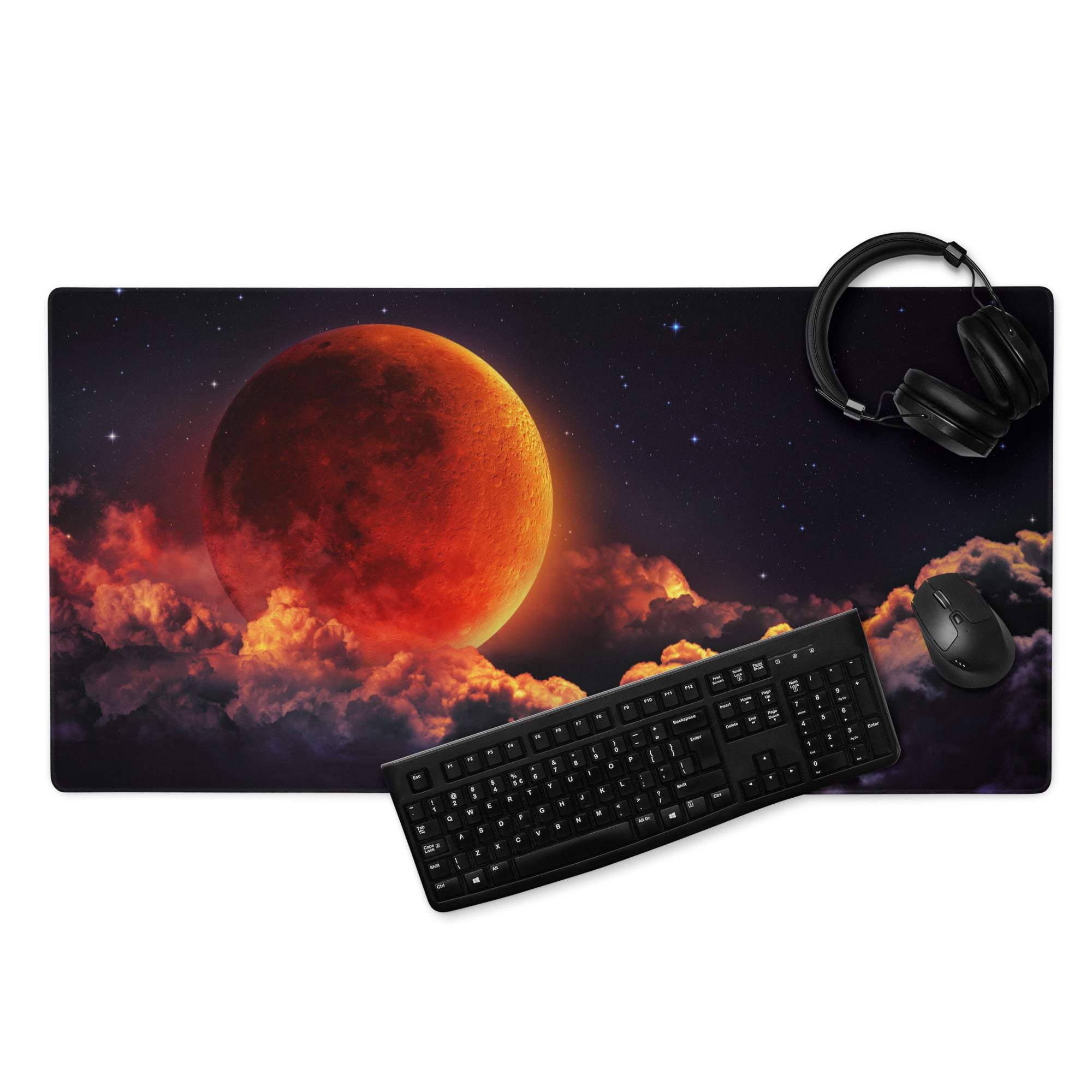 Epic Cosmic Red Moon large gaming mousepad with starry sky and fiery clouds