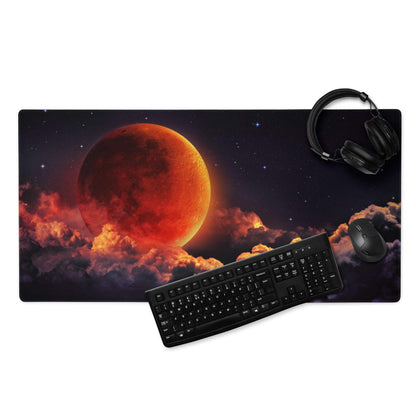 Epic Cosmic Red Moon large gaming mousepad with starry sky and fiery clouds