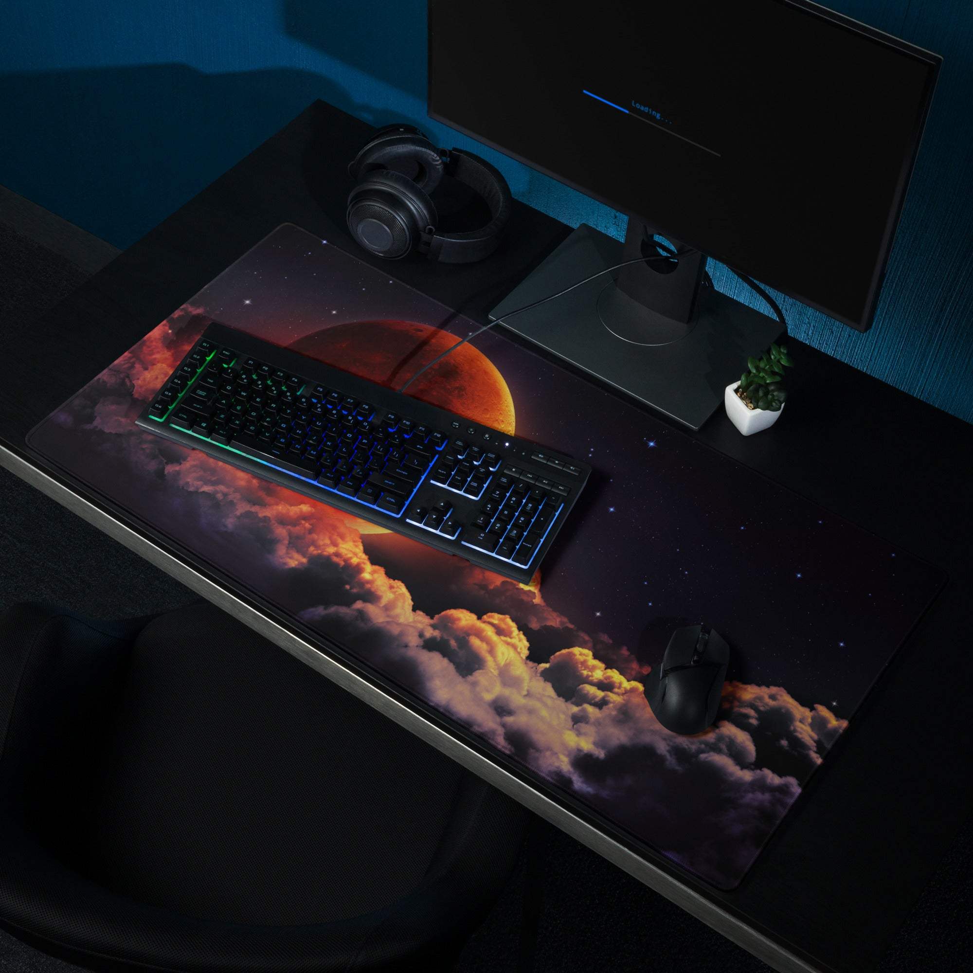 Epic Cosmic Red Moon gaming mouse pad with orange-red planet rising over fiery starry sky