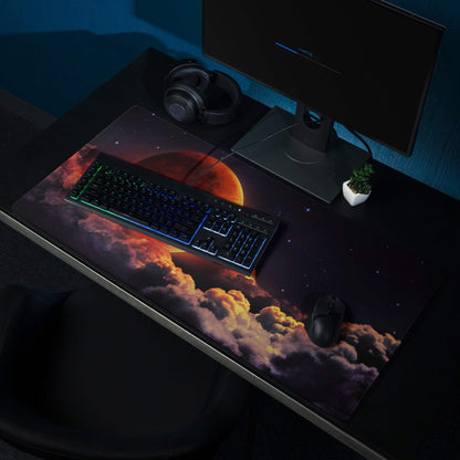 Epic Cosmic Red Moon gaming mouse pad with orange-red planet rising over fiery starry sky