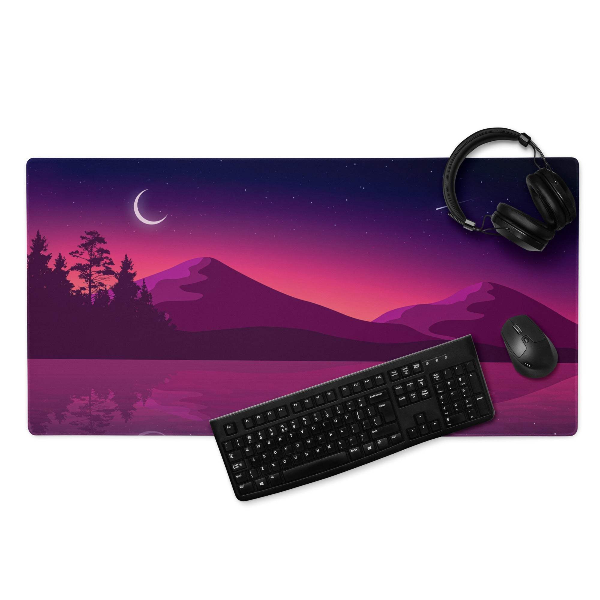 Purple twilight landscape gaming mousepad with crescent moon, trees, mountains reflection