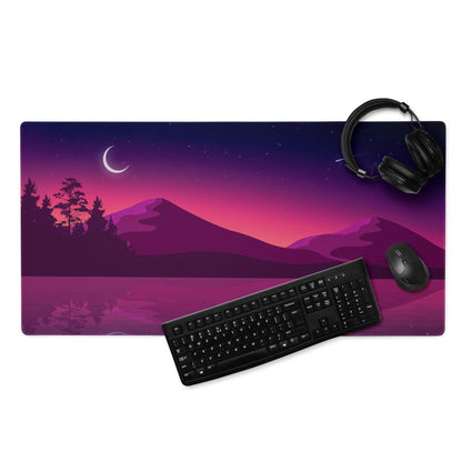 Purple twilight landscape gaming mousepad with crescent moon, trees, mountains reflection