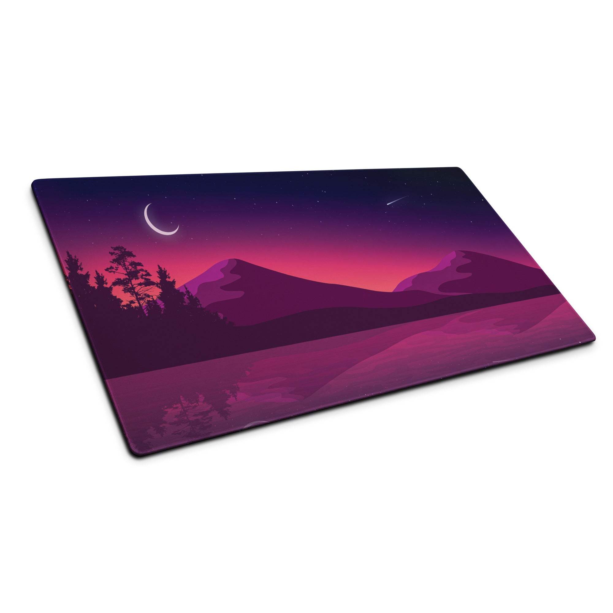 Stylized purple twilight gaming mouse pad with moon, stars, mountains