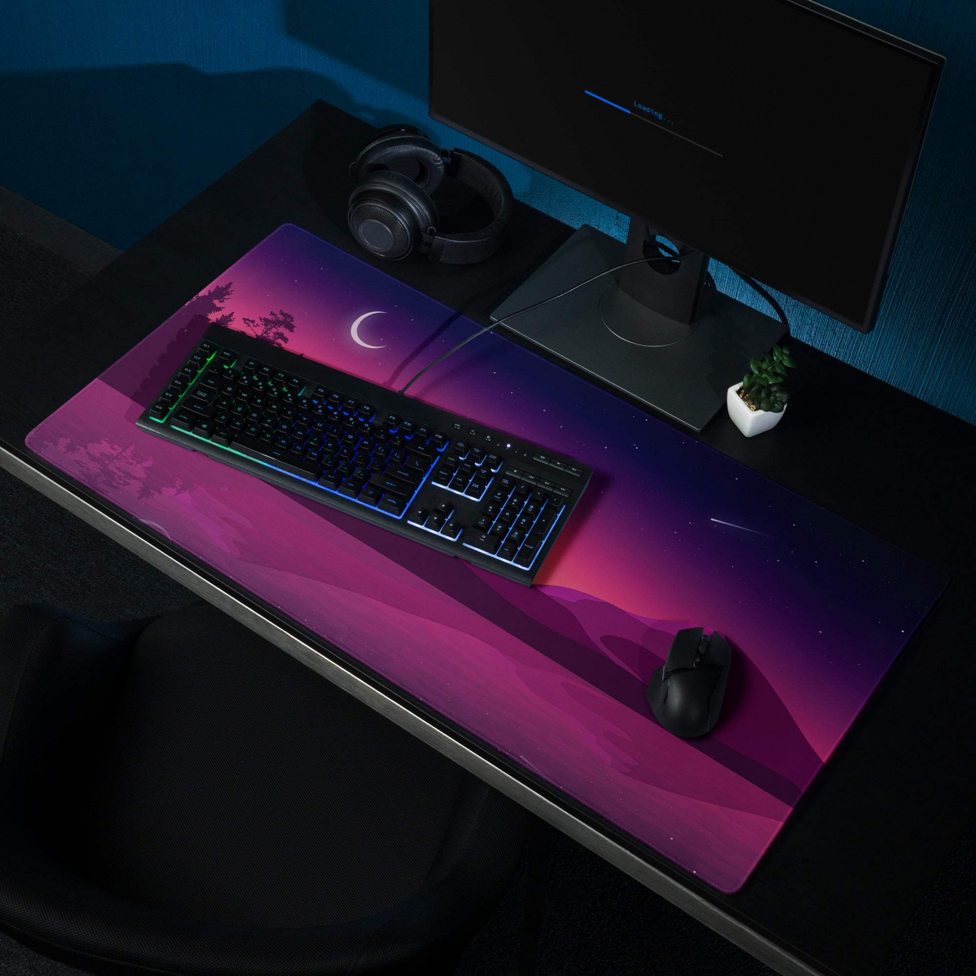 Purple pink gradient gaming mousepad with crescent moon and non-slip base
