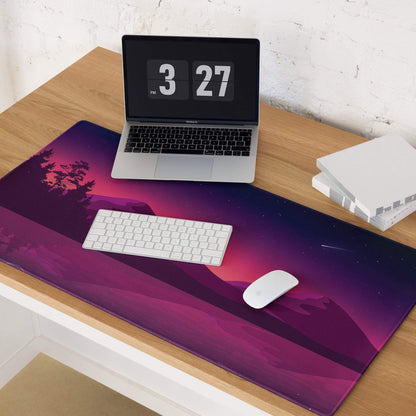 Purple gradient desk mat with starry mountain landscape gaming mouse pad