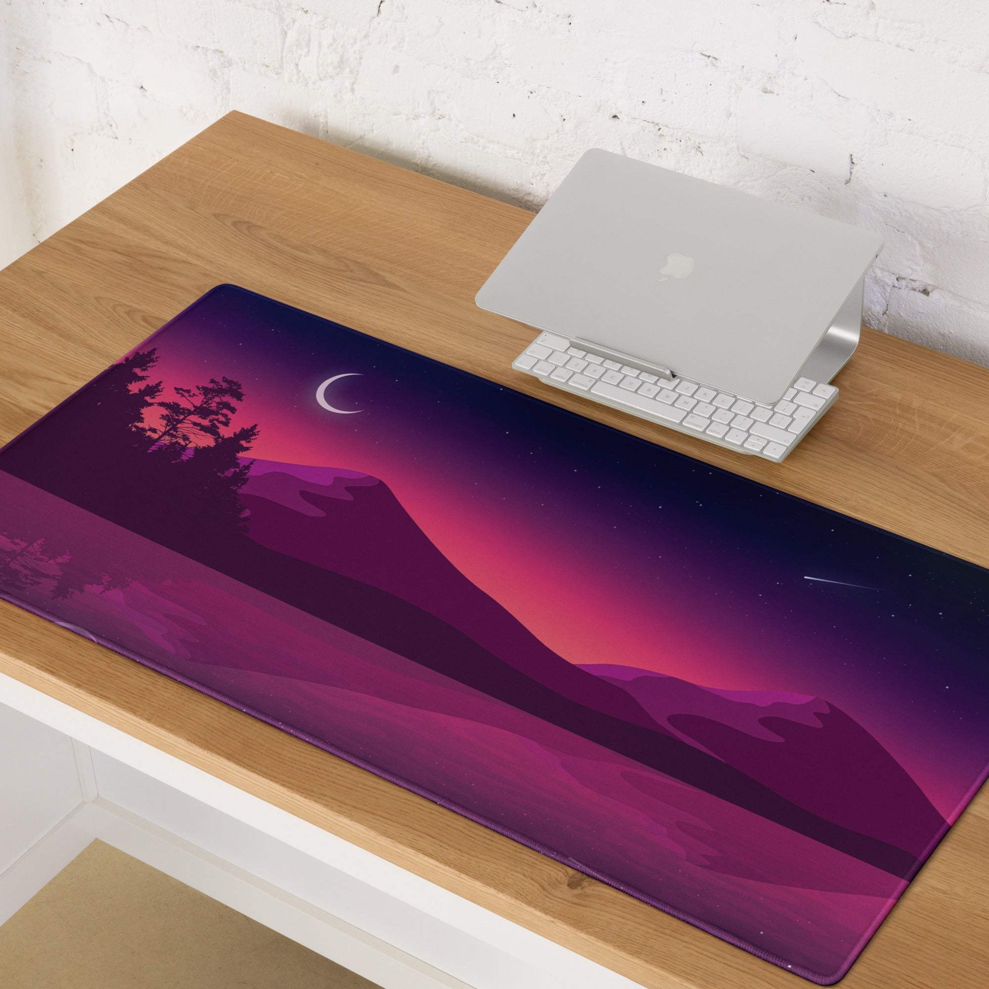 Purple pink gradient landscape gaming mousepad with silhouetted trees mountains moon stars shooting star