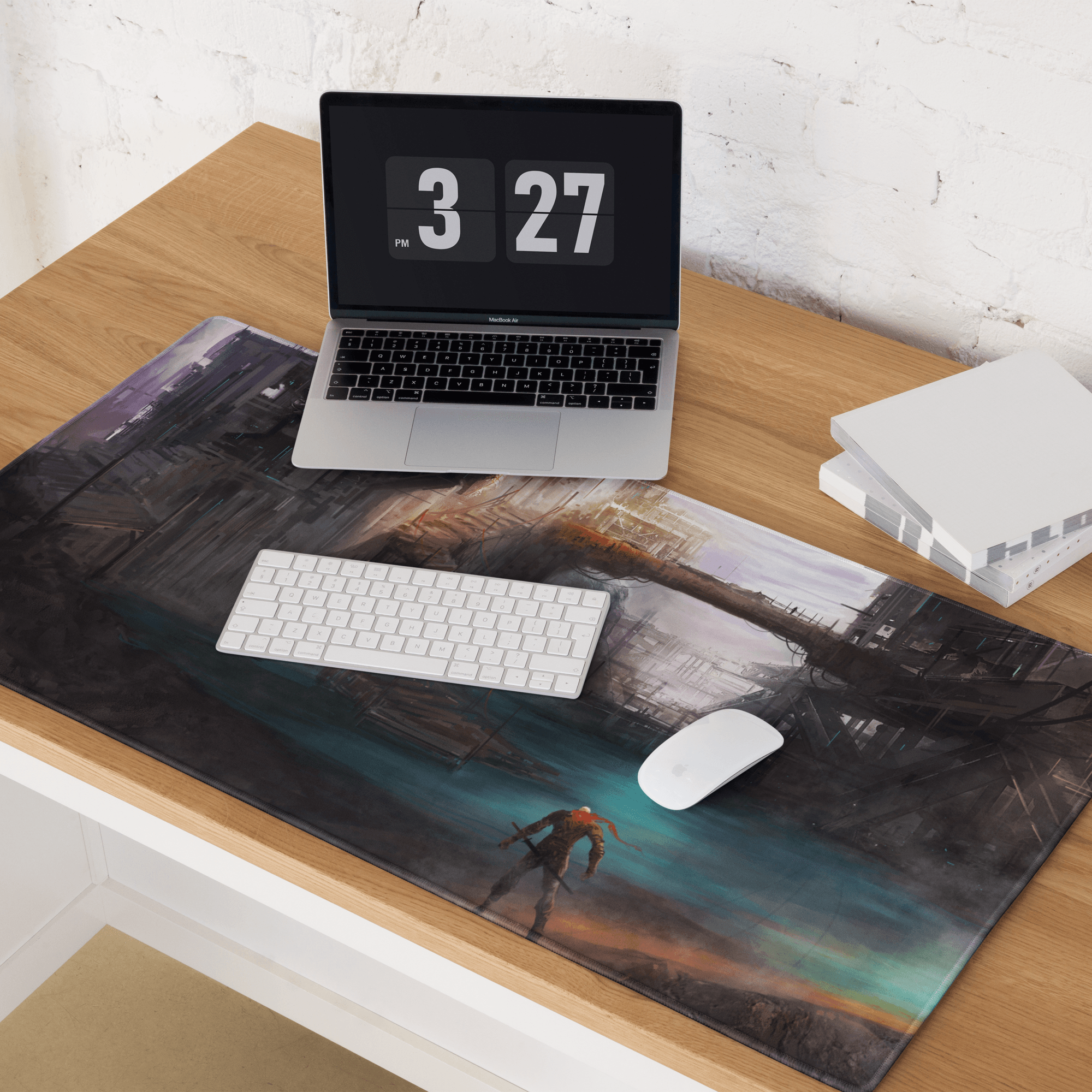 Epic sci-fi dystopian city gaming mousepad with dark fantasy scene