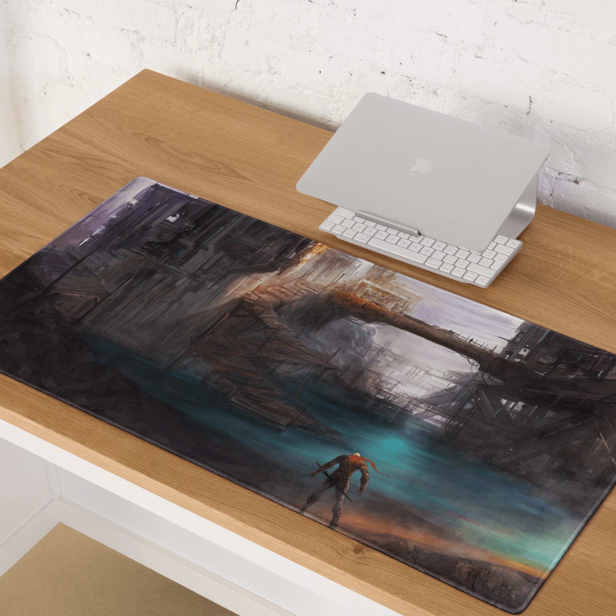 Epic dystopian city gaming mousepad with dark fantasy bridge scene
