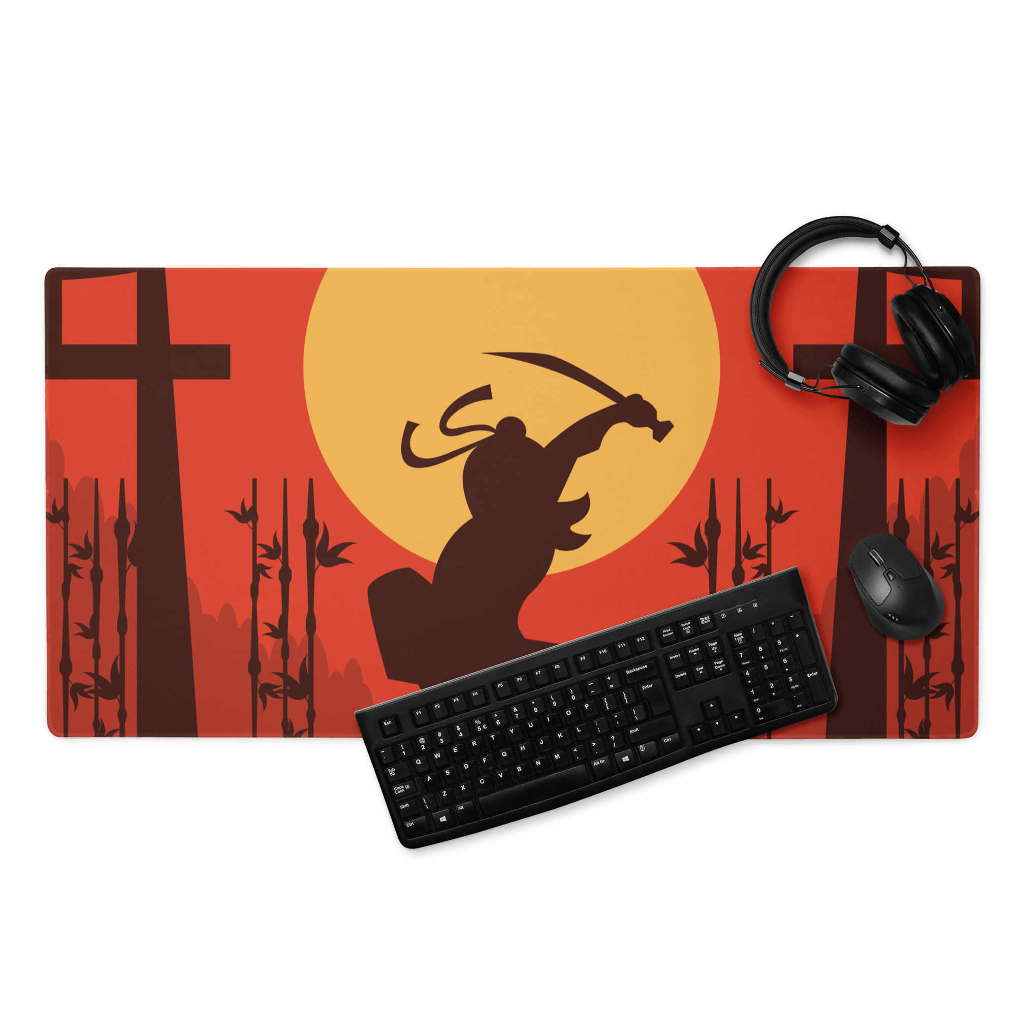 Epic Samurai Sunset gaming mouse pad with orange red ninja samurai silhouette