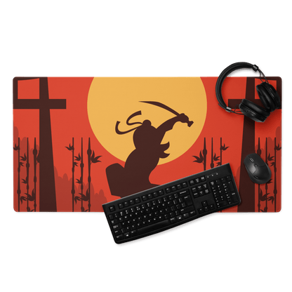 Epic Samurai Sunset gaming mouse pad with orange red ninja samurai silhouette